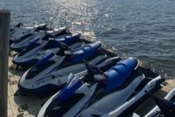 Multiple jet skis docked along a sunny waterfront with clear skies.
