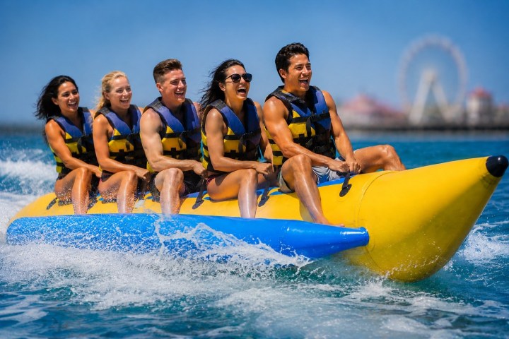 Five people in life vests riding a yellow banana boat on the water.